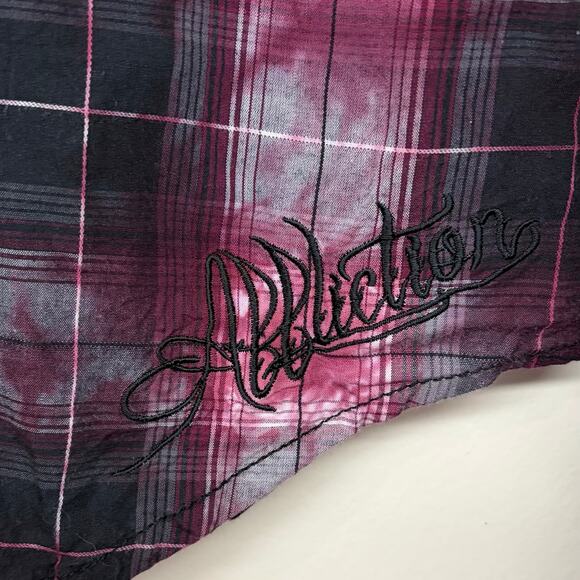 Affliction Womens Y2K Button Up Shirt M Black Maroon Plaid Moto Spell Out Logo - Picture 3 of 12